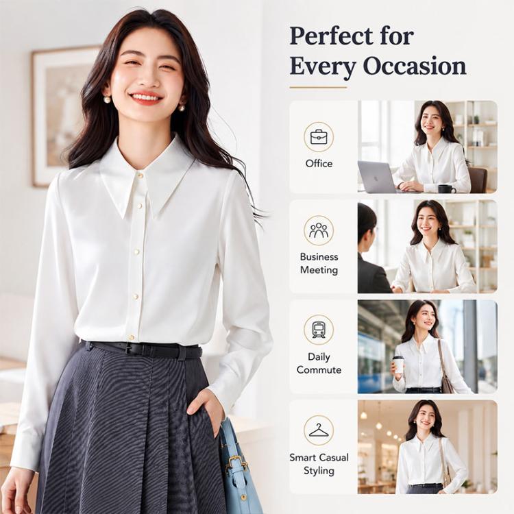 White satin pointed-collar long-sleeve blouse with button front