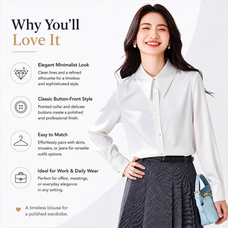 White satin blouse with pointed collar and button-front design