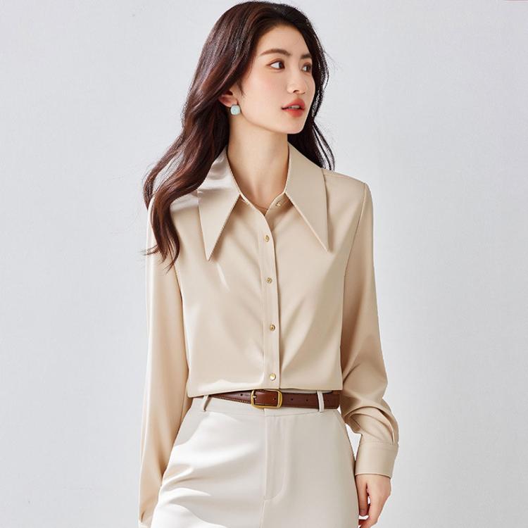 Champagne satin blouse with pointed collar and button-front long sleeves