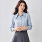 Light blue satin pointed-collar long-sleeve blouse with button closure