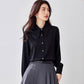 Women's satin long-sleeve blouse, black, pointed collar and button front (front view)