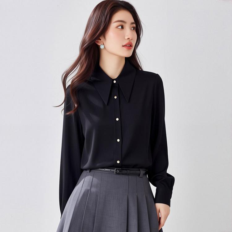 Women's satin long-sleeve blouse, black, pointed collar and button front (front view)