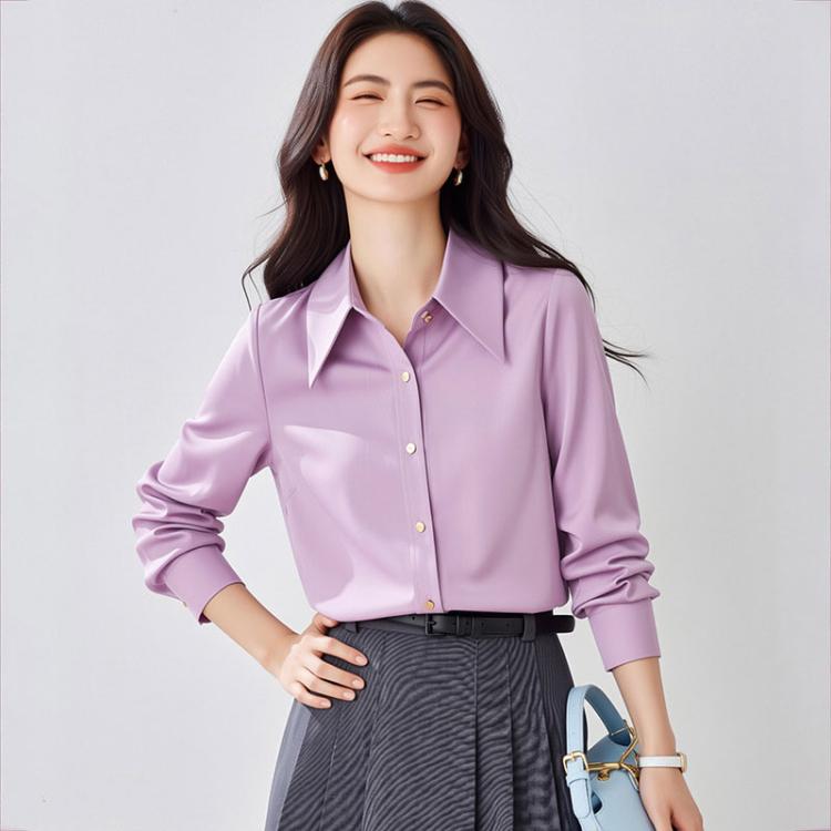 Pointed-collar satin long-sleeve blouse with front buttons, light purple