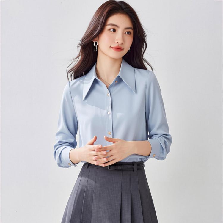 Women's satin long-sleeve blouse, light blue, pointed collar and button front (standing)
