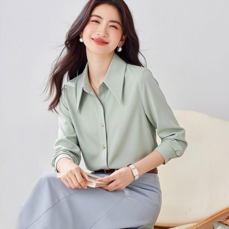 Pointed-collar satin long-sleeve blouse with button placket, light green