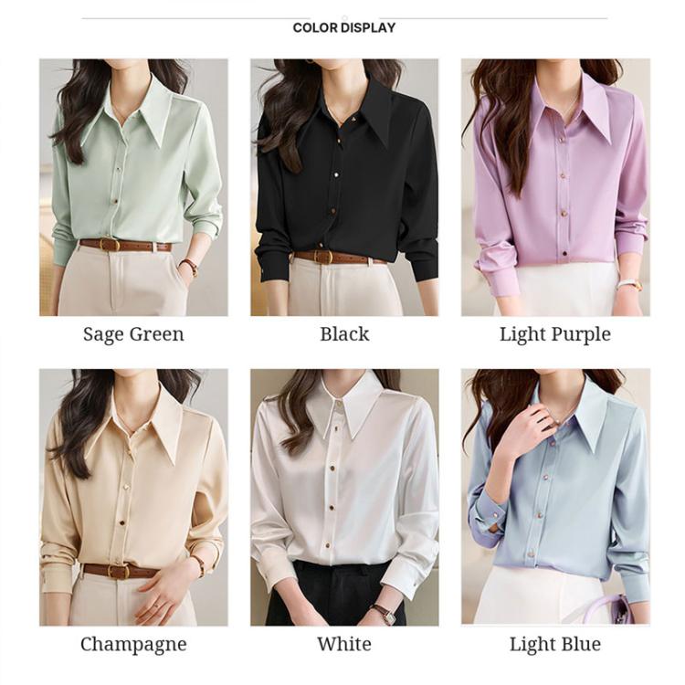 Color options: satin pointed-collar blouses in 6 shades, incl. black, white, blue, purple