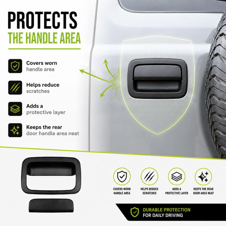 Matte black rear door handle cover set with protective frame and lower panel