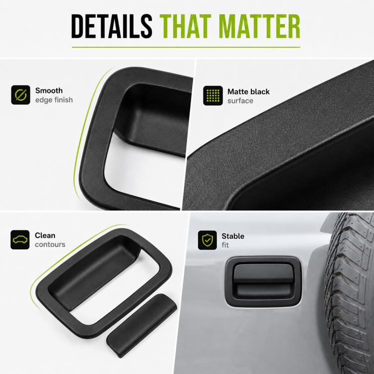 Matte black rear door handle cover with smooth edge and separate lower insert