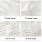 White satin blouse details: V-neck collar, smooth fabric, button cuffs, hem
