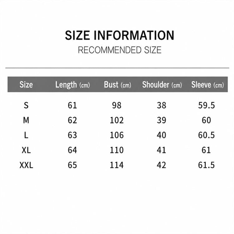 Size information table for women's satin blouse, recommended measurements