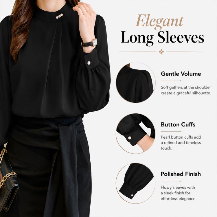 Black chiffon blouse detail view: mock neck with pearl buttons, long sleeves