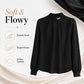 Black chiffon blouse with mock neck and pearl button placket, long sleeves