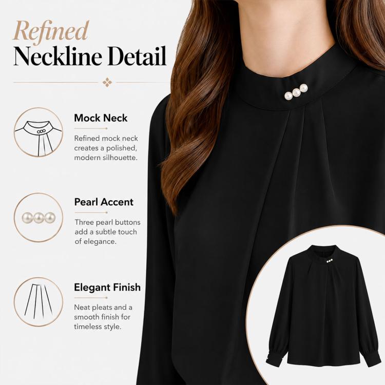 Black mock neck chiffon blouse with three pearl buttons at collar, long sleeves