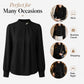 Black chiffon blouse with mock neck pearl buttons and long puff sleeves