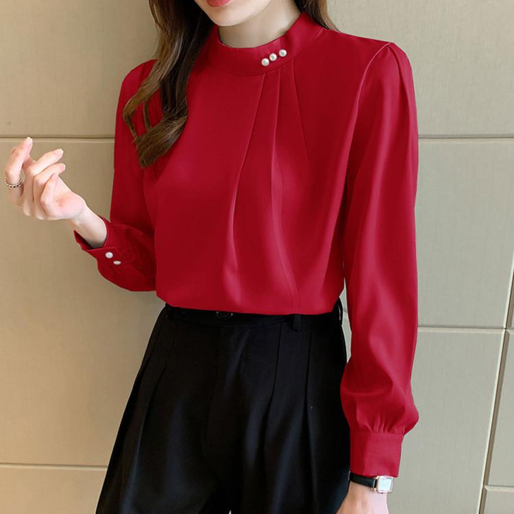 Red chiffon blouse with mock neck, pearl button detail, long sleeves