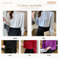 White mock-neck chiffon blouse with long sleeves and pearl button detail