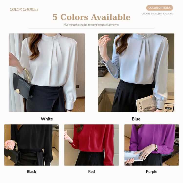 White mock-neck chiffon blouse with long sleeves and pearl button detail