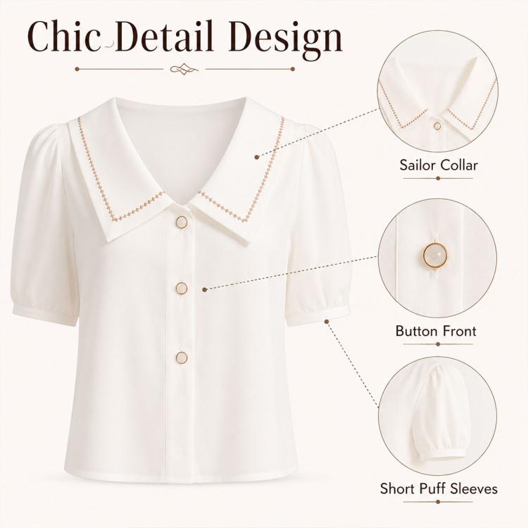 White blouse with sailor collar trim, button front, and short puff sleeves