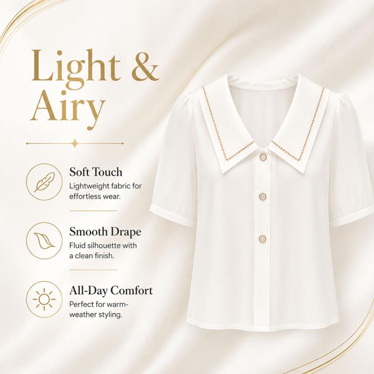 White chiffon short-sleeve blouse with sailor collar and button placket