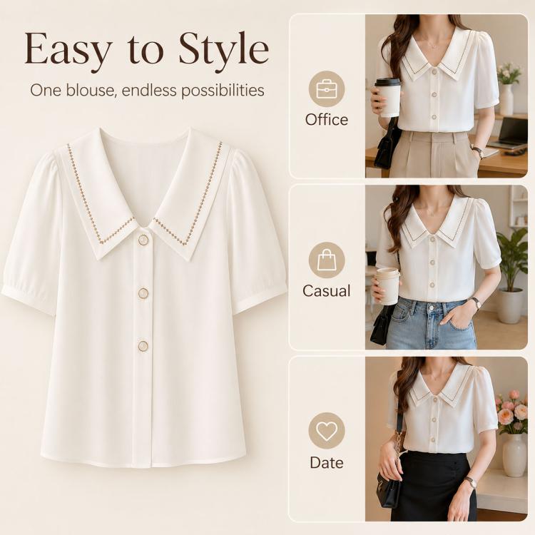 White sailor-collar blouse with short sleeves and front buttons