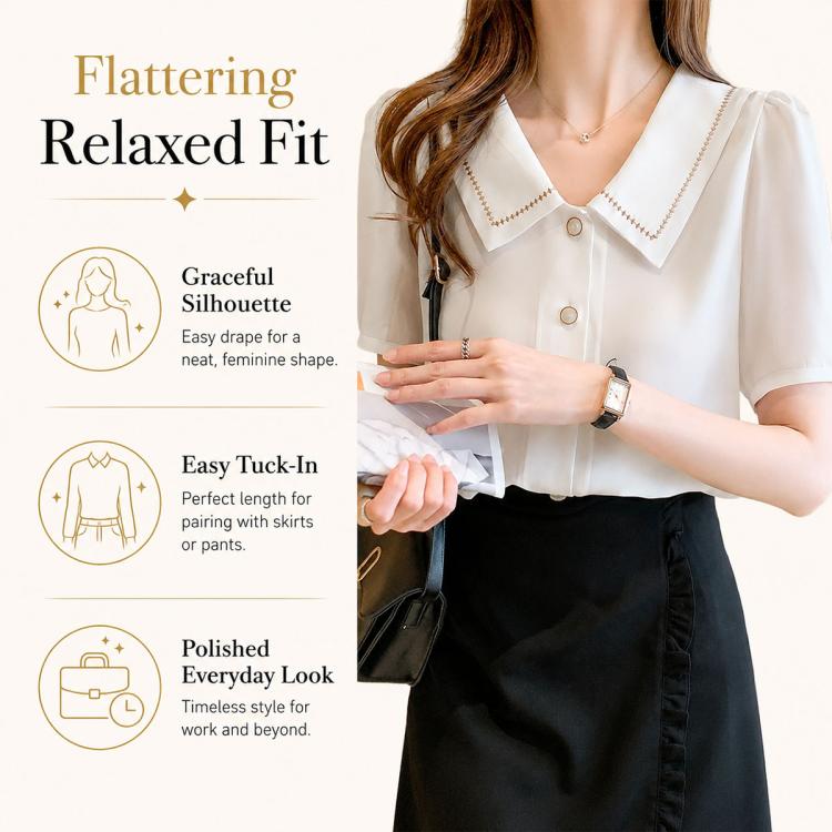 White relaxed-fit blouse with sailor collar trim and button-front closure