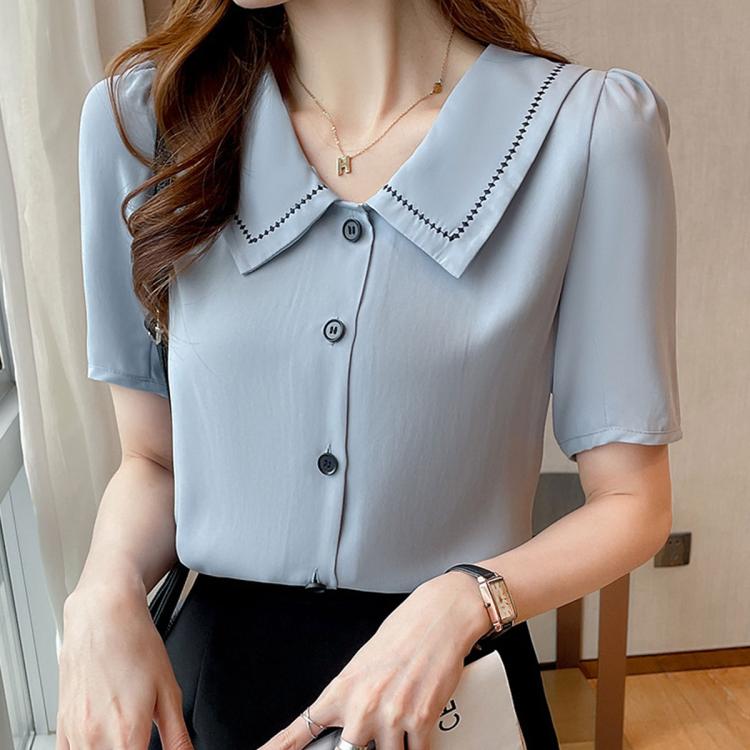 Light blue sailor-collar chiffon blouse, short sleeves, button-front