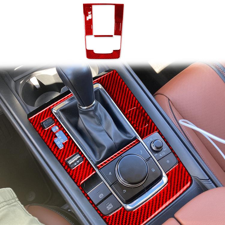 Carbon fiber gear position panel sticker set, red, with cutouts for controls