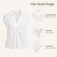 White twist V-neck blouse with soft collar, cap sleeves, and draped neckline