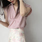 Women’s twist V-neck cap sleeve blouse, light pink top with folded neckline