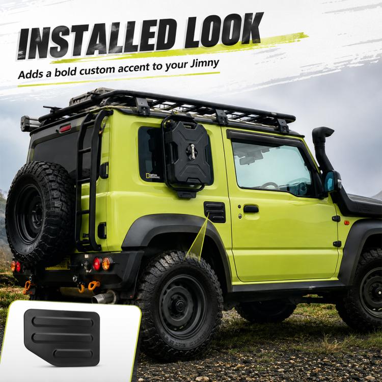 Installed black fuel tank cap cover on green SUV side panel