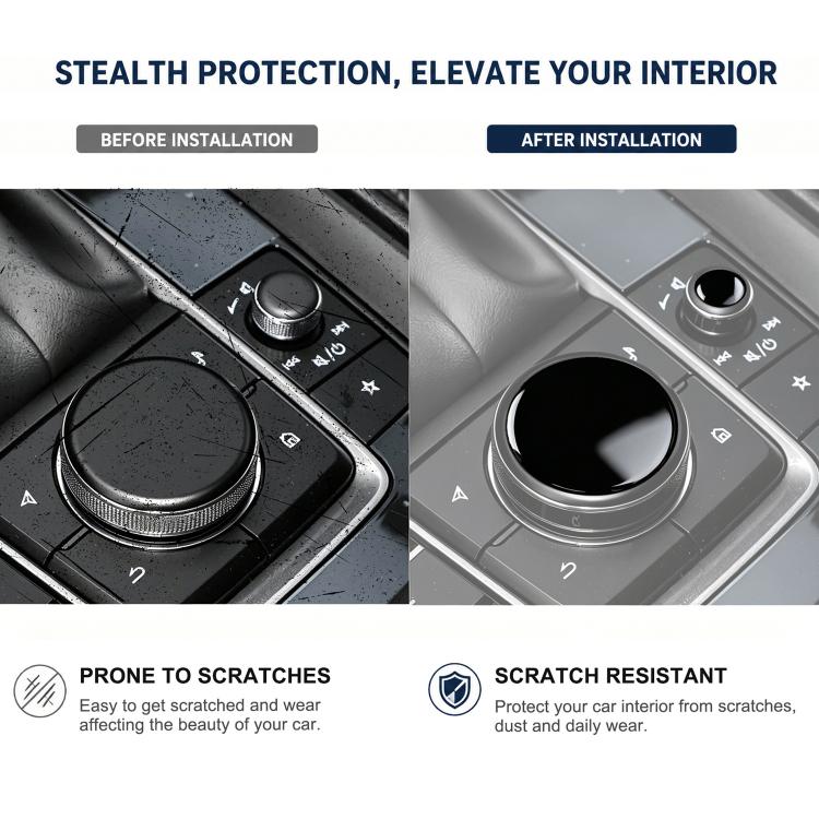 Car multimedia knob sticker shown before/after: black insert with chrome ring