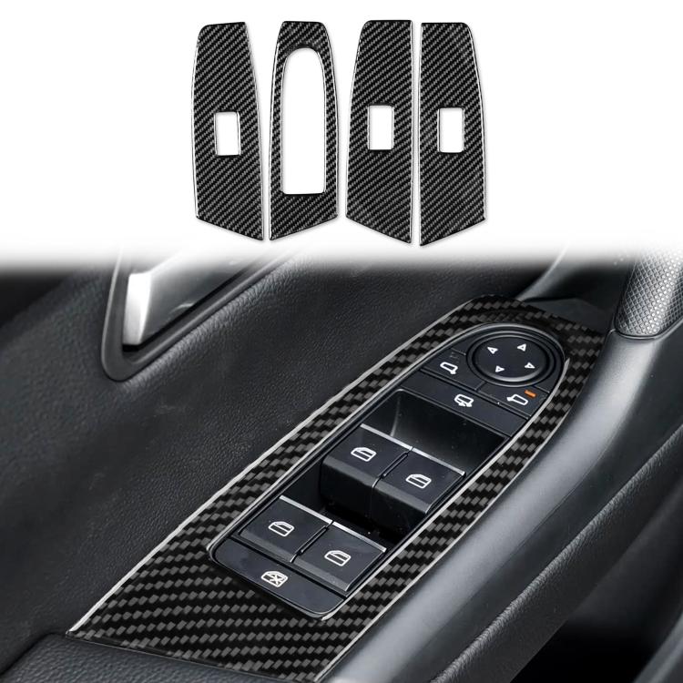 Set of 4 carbon-fiber window lift panel stickers, black trim with switch cutouts.