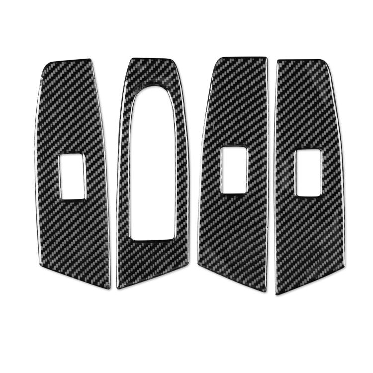 Four-piece carbon-fiber window lift panel stickers, black textured finish, cutout slots.