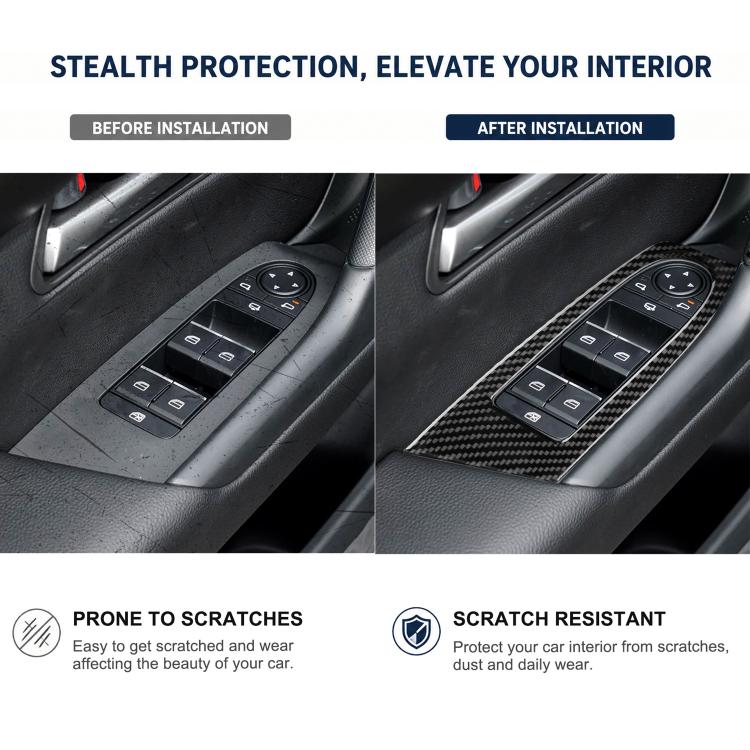 Carbon-fiber window lift panel stickers shown before and after installation on car door.