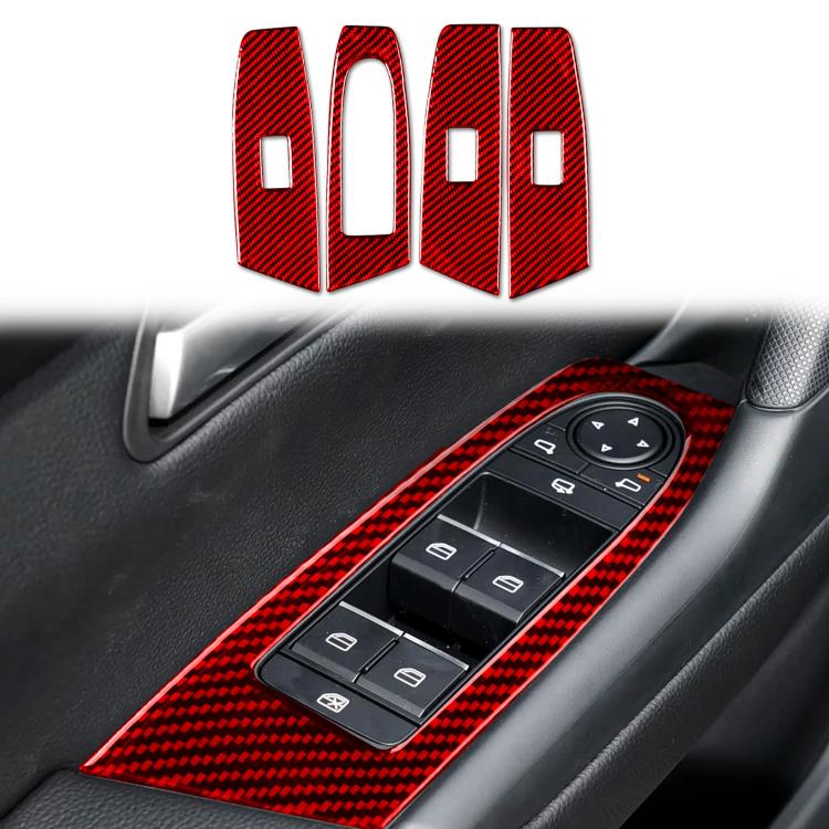 Set of 4 carbon-fiber window lift panel stickers, red trim with switch cutouts.