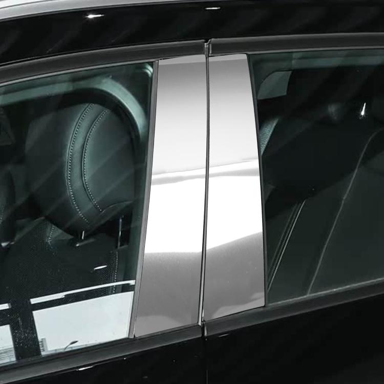 Installed mirror-finish B-pillar stickers on a car door pillar, silver reflective