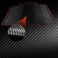 Close-up of carbon-fiber patterned B-pillar sticker panels with red trim highlights