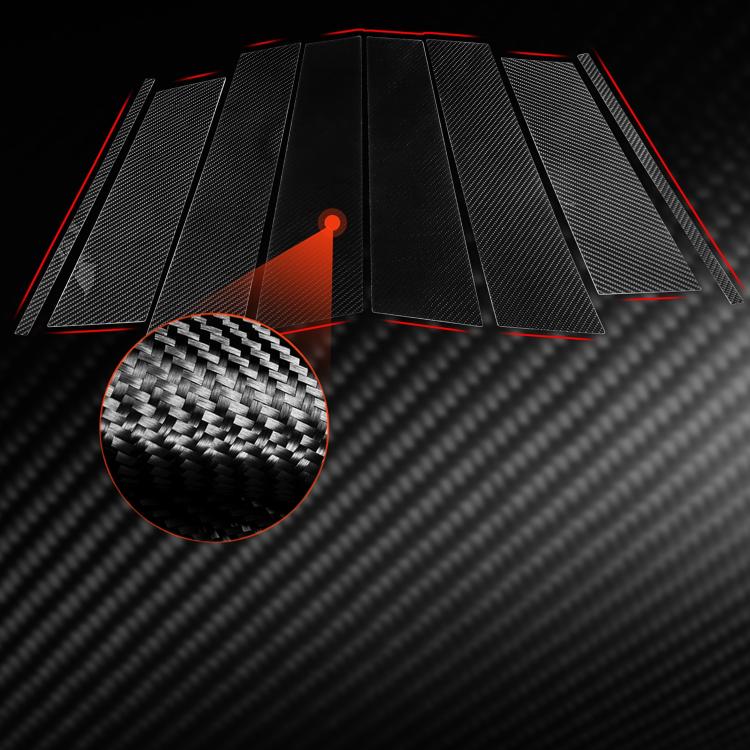 Close-up of carbon-fiber patterned B-pillar sticker panels with red trim highlights
