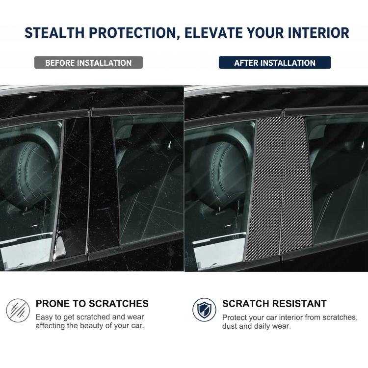 Before-and-after view of carbon-fiber patterned B-pillar stickers installed on car