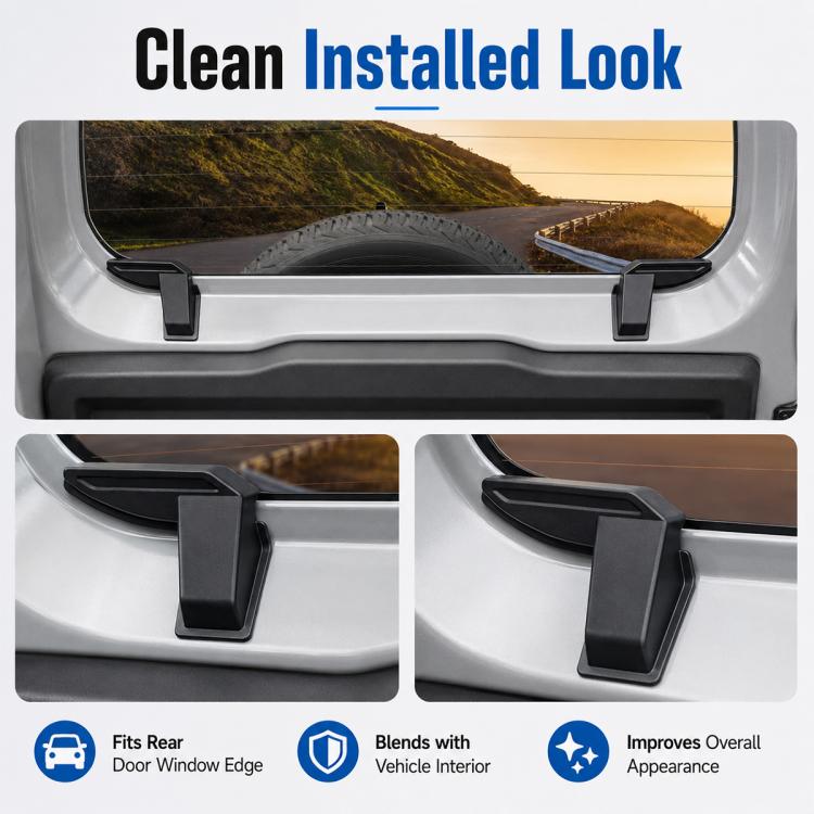 Two black protective covers installed on a vehicle rear window edge