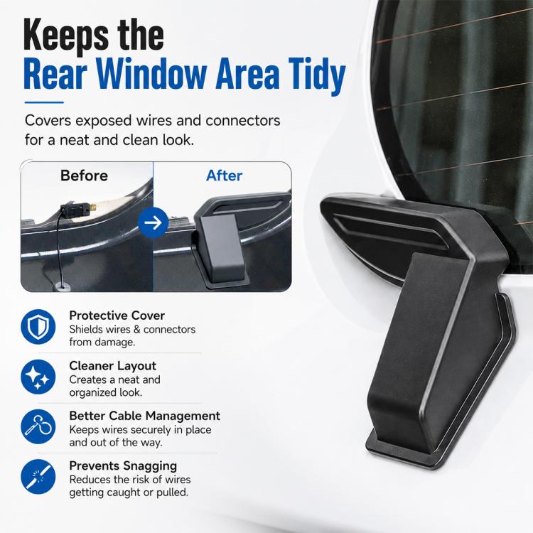 Black protective cover for rear window area to shield wires and connectors