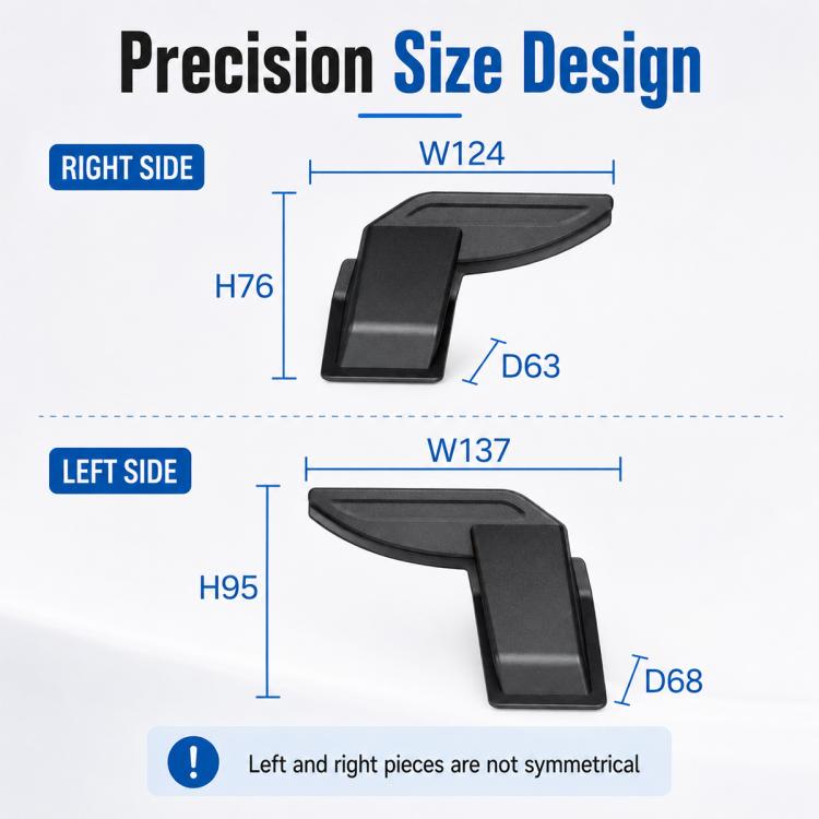 Black left and right defogger wire cover pieces with size measurements