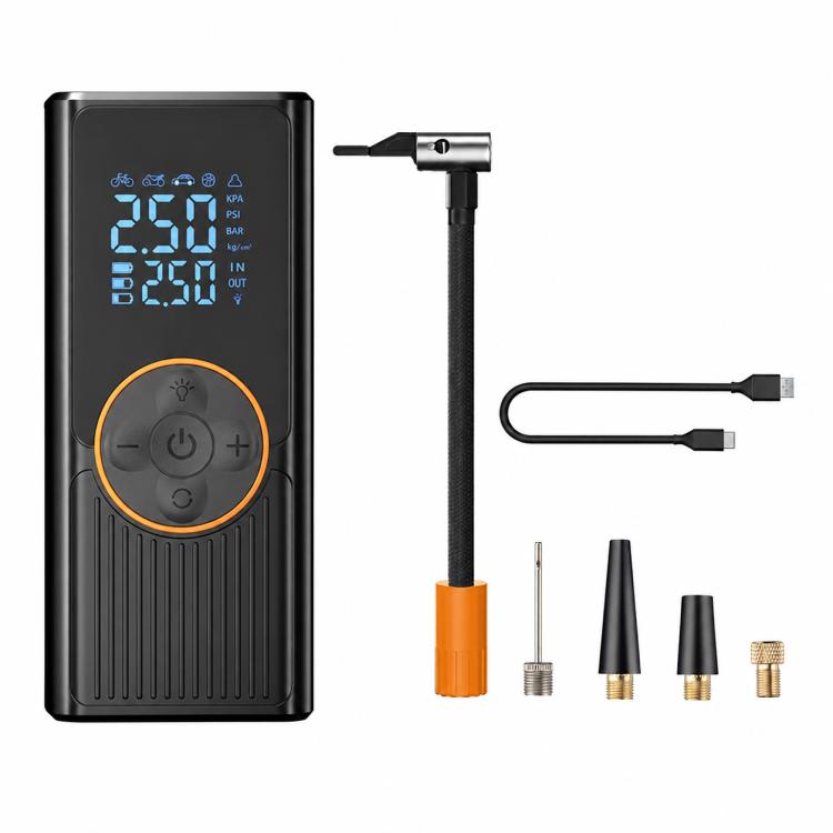 Car tire inflator with black body, orange accents, digital pressure screen, and nozzle heads
