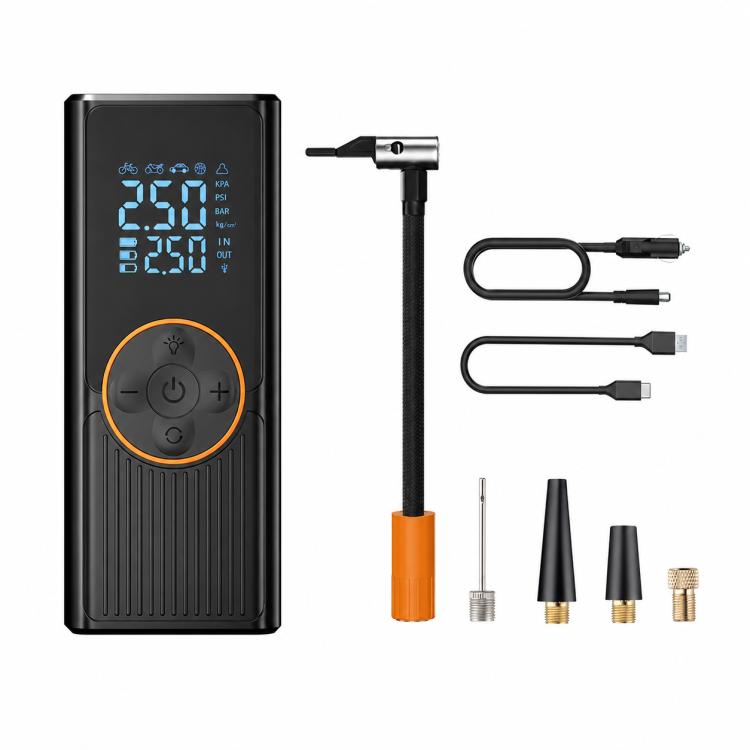 Black electric tire pump with digital display, orange control button, and multiple nozzle tips