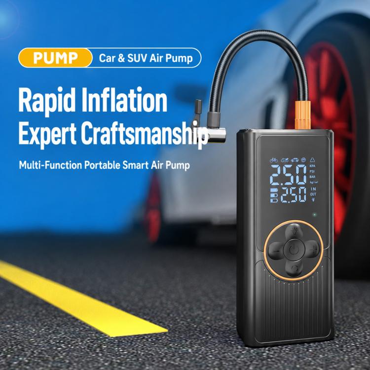 Black portable air pump with digital pressure display and orange top button