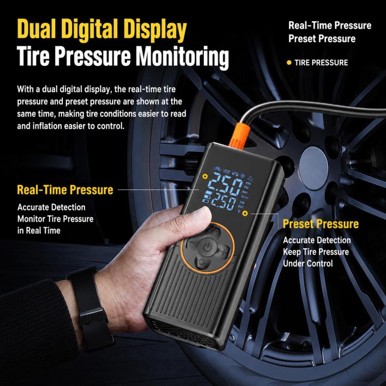 Hand holding black tire pressure monitor pump with dual digital display and orange ring control