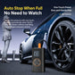 Black electric tire inflator with orange nozzle cap, digital display, and preset controls
