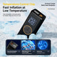Black electric tire inflator with digital pressure display and power buttons.