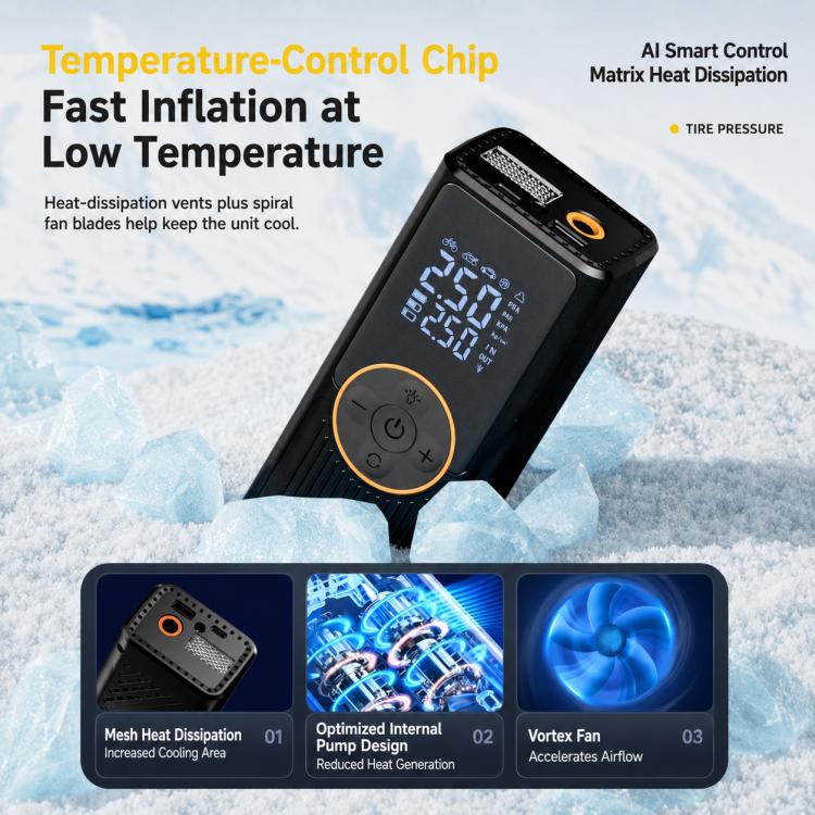 Black electric tire inflator with digital pressure display and power buttons.