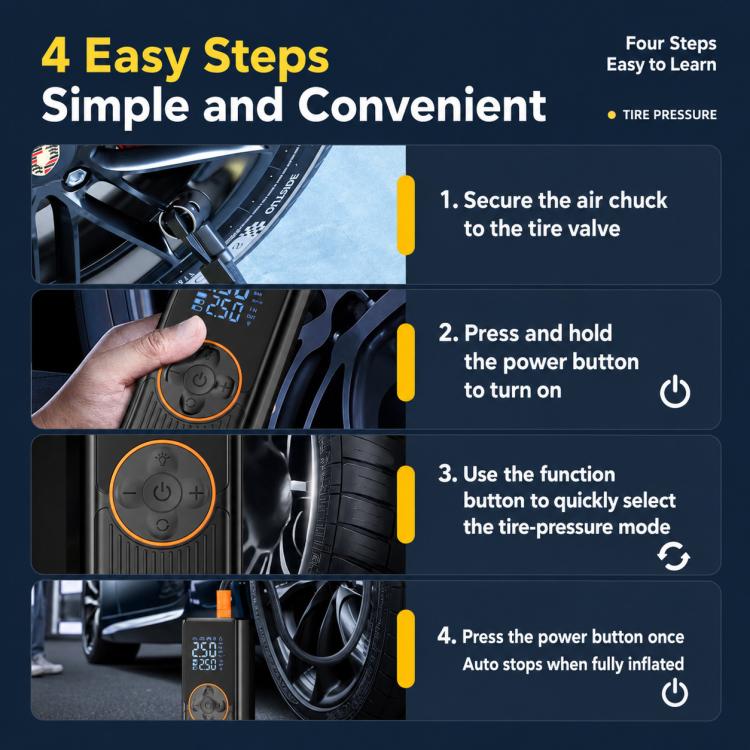 Electric tire inflator with control buttons for tire-pressure mode and auto-stop.